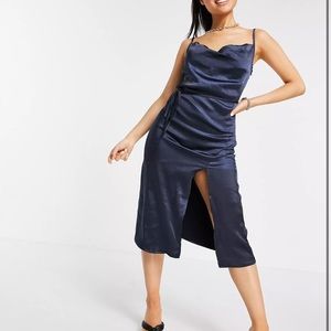 Navy Cowl Satin Slip with Asymmetrical side slit